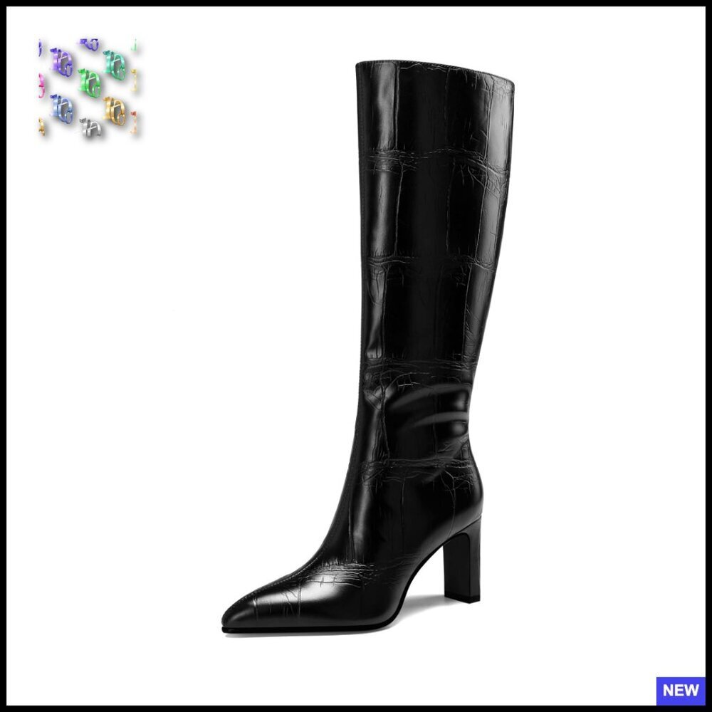 Chunky Heel Pointed Toe Knee High Boots Sleek Sophisticated Y2K Chic